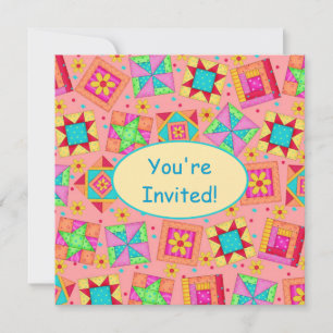 Invitación Naranja de coral mosaico amarillo Quilt Block Art