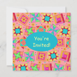 Invitación Naranja de coral mosaico amarillo Quilt Block Art