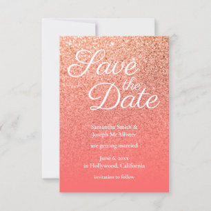 Invitación Naranja de Coral Ombre Purpurina Guardar la fecha
