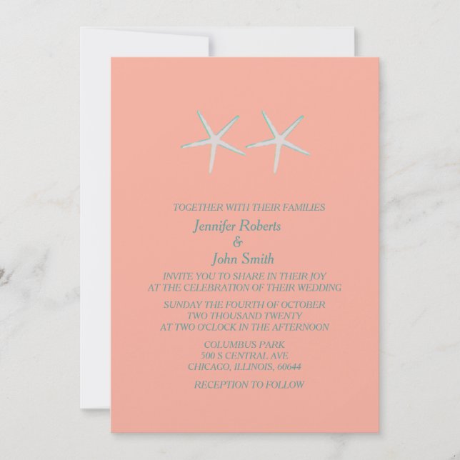 Invitación Naranja de corales estelares Boda náutico Kraft (Anverso)