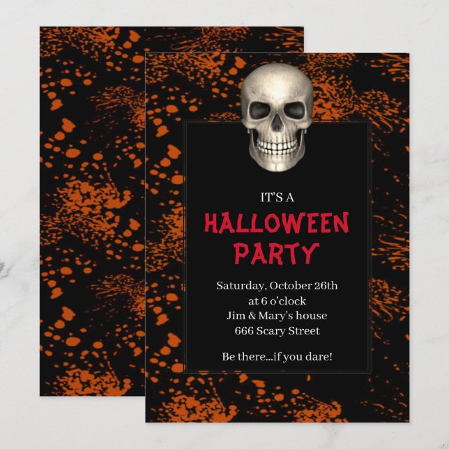 Invitación Naranja de cráneo gótico fiesta de Halloween (Anverso / Reverso)