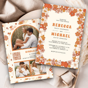 Invitación Naranja de Cream Groovy Retro Boda de flores silve