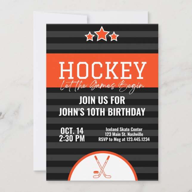Invitación Naranja de cumpleaños de hockey sobre hielo banda  (Anverso)