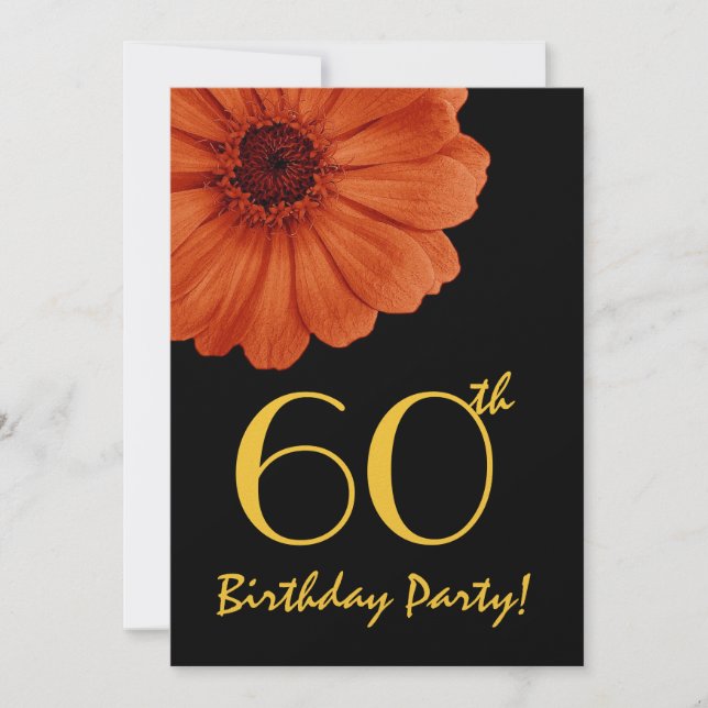 Invitación Naranja de cumpleaños número 60 Gold Black Daisy M (Anverso)