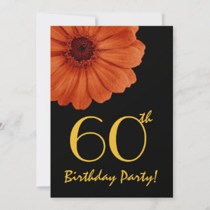 Invitación Naranja de cumpleaños número 60 Gold Black Daisy M