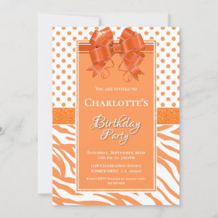 Invitación Naranja de cumpleaños, puntos de polka y rayas de 