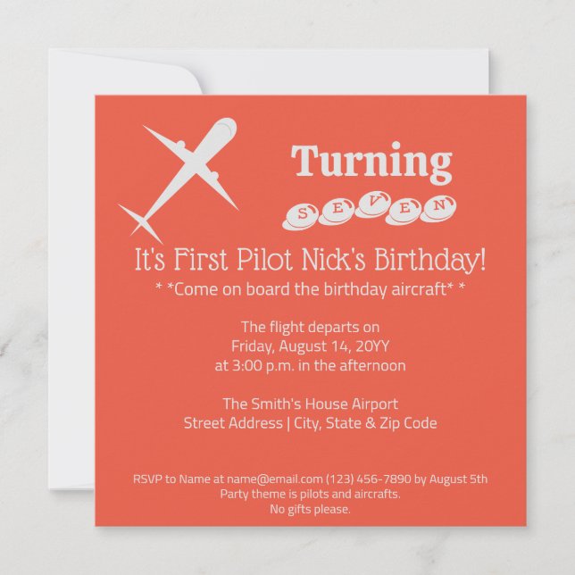 Invitación Naranja de cumpleaños rojo piloto de avión diverti (Anverso)