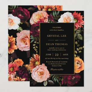 Invitación Naranja de Dark Moody Burgundy Rubor Boda Floral