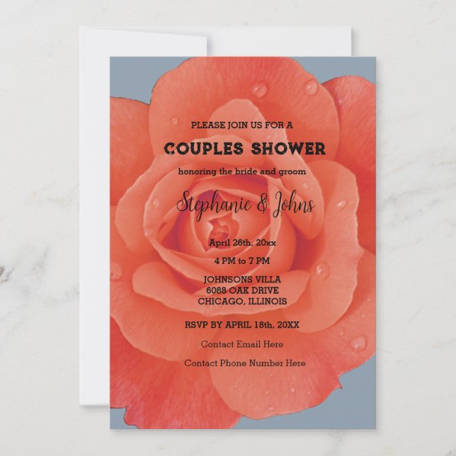 Invitación Naranja de ducha de pareja Boda azul turbio y flor (Anverso)