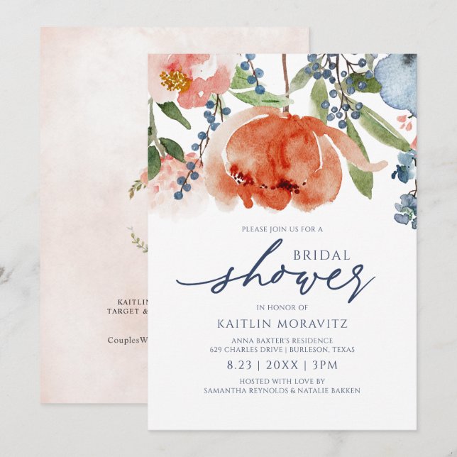 Invitación Naranja de ducha nupcial Blue Peonies Botánica Flo (Anverso / Reverso)