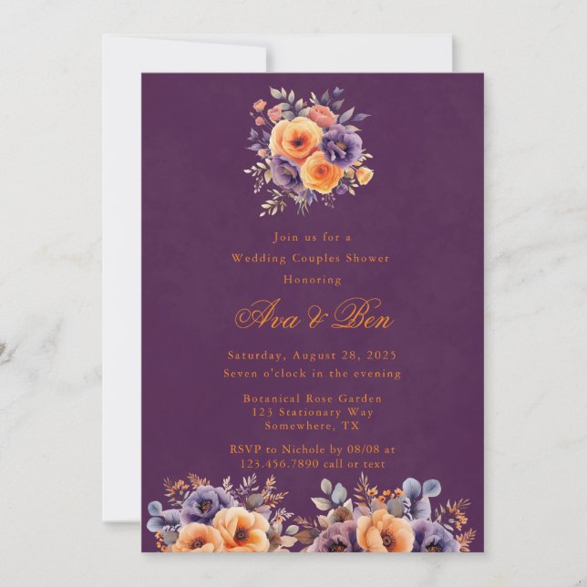Invitación Naranja De Eggplant Boda Floral Ducha De Parejas (Anverso)