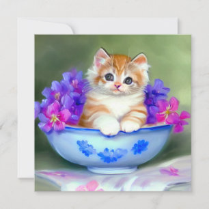 Invitación Naranja de época y Ilustracion de gatito blanco