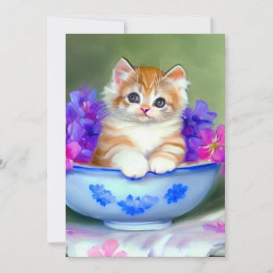 Invitación Naranja de época y Ilustracion de gatito blanco