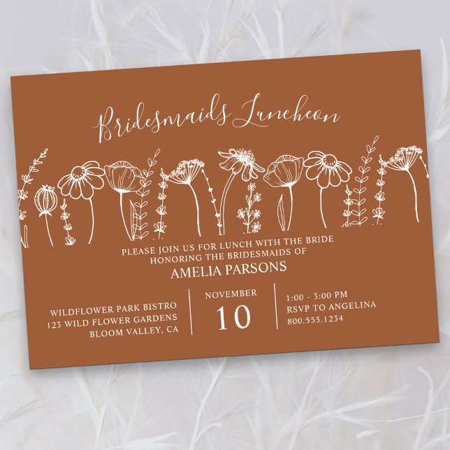 Invitación Naranja de Esbozo de Flores Silvestres Bridesmaids (Bridesmaids Luncheon Invitation in Terracotta Burnt Orange, from my Wildflower Sketch collection)