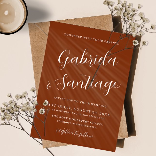 Invitación Naranja de escritura simple quemada y Boda blanco (Subido por el creador)