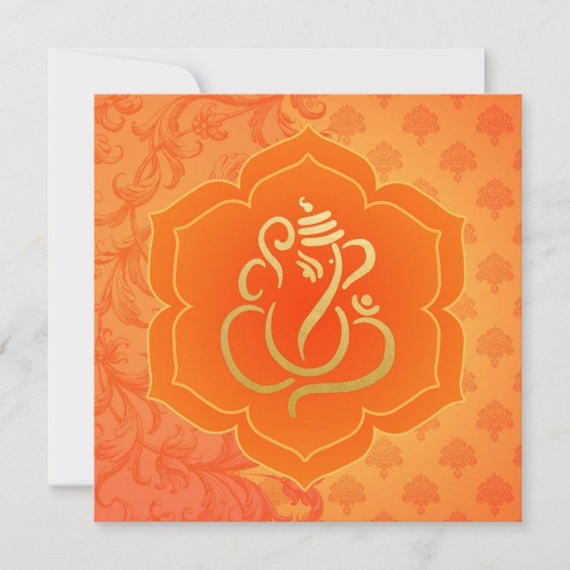 Invitación Naranja de etnia Damask Gold Ganesh Boda indio (Anverso)