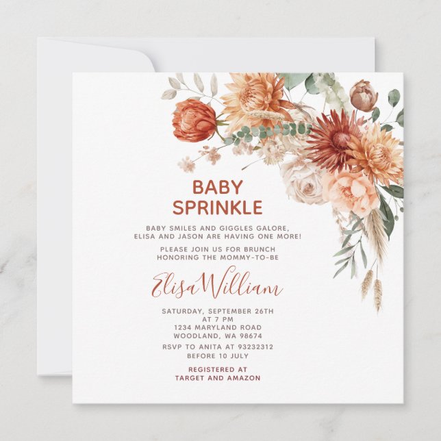 Invitación Naranja de flor salvaje Ruskle Baby Sprinkle Baby  (Anverso)