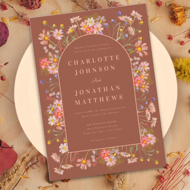 Invitación Naranja de Flor Silvestre Elegante Arco Quemado Bo (Wildflower elegant arch burnt orange peach terracotta fall wedding invitation )