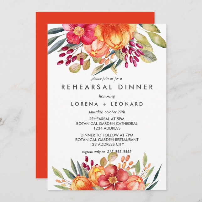 Invitación Naranja de flores pintadas REHEARSAL Boda (Anverso / Reverso)