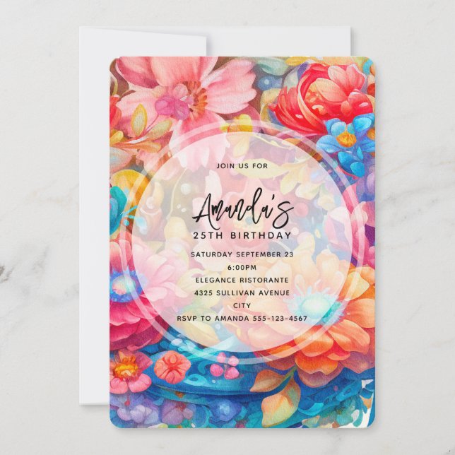 Invitación Naranja de flores y cumpleaños de Blue Boho (Anverso)