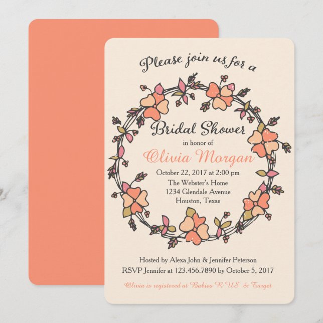 Invitación Naranja de flores y ducha de novia verde (Anverso / Reverso)