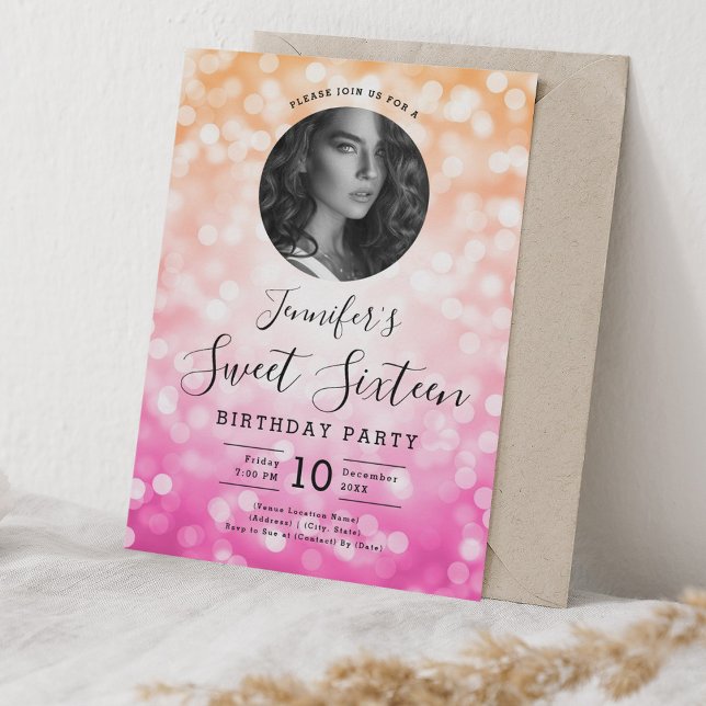 Invitación Naranja de FOTO: Rosa Bokeh Luces dulces 16 Fiesta (PHOTO Orange Pink Bokeh Lights Sweet 16 Party Invitation)