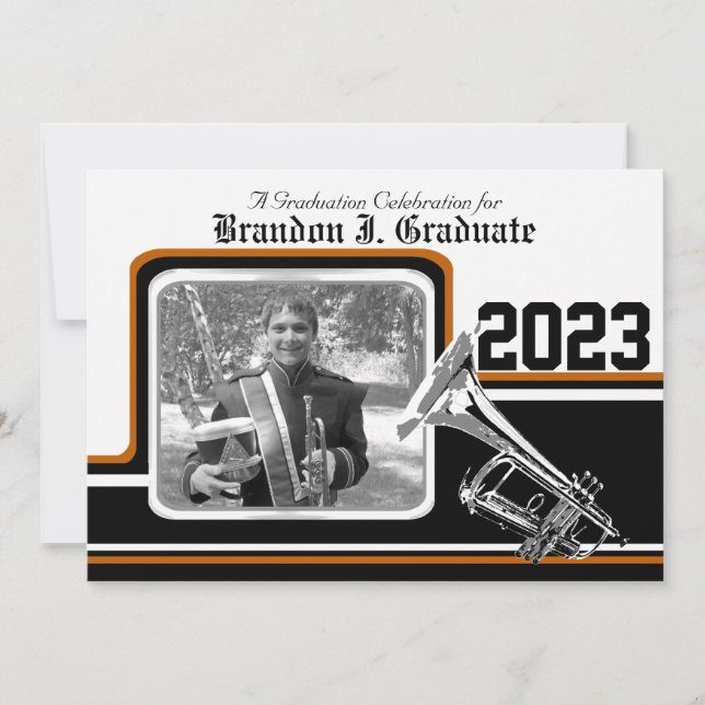 Invitación Naranja de fotografía de graduación de Trumpet de  (Anverso)