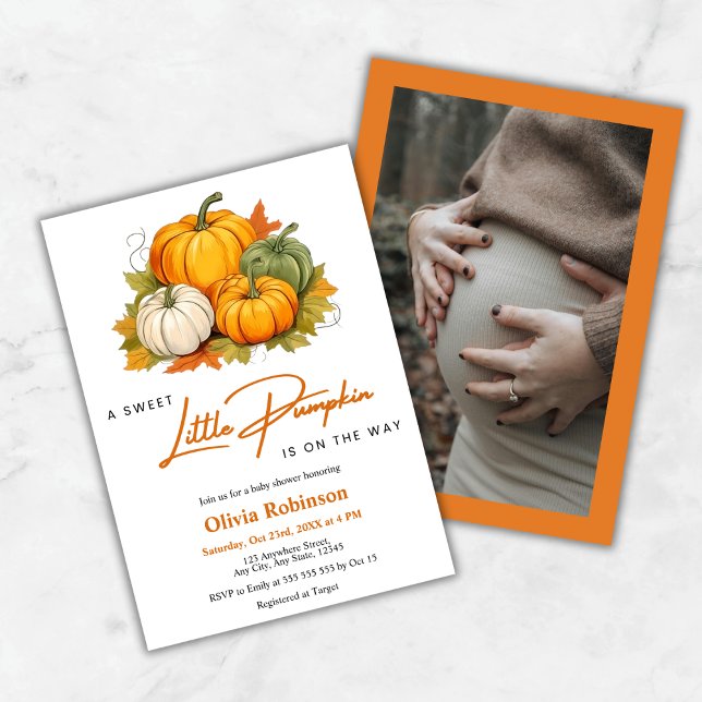 Invitación Naranja de fotos Otoño Un pequeño Baby Shower de c (Photo Orange Autumn A Little Pumpkin Baby Shower Invitation  )