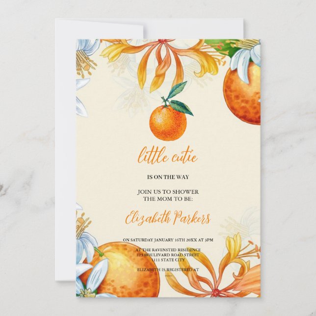 Invitación naranja de fruta de la ducha de bebé (Anverso)
