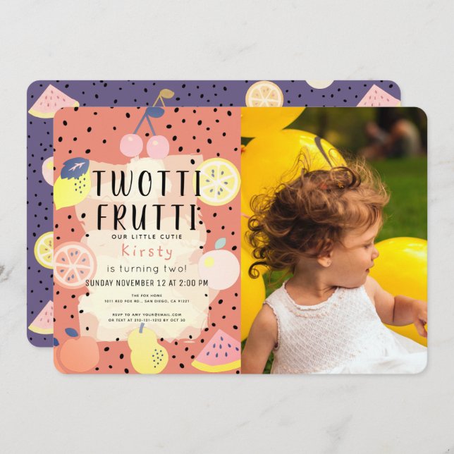 Invitación Naranja de fruta Twotti Frutti Foto cumpleaños núm (Anverso / Reverso)