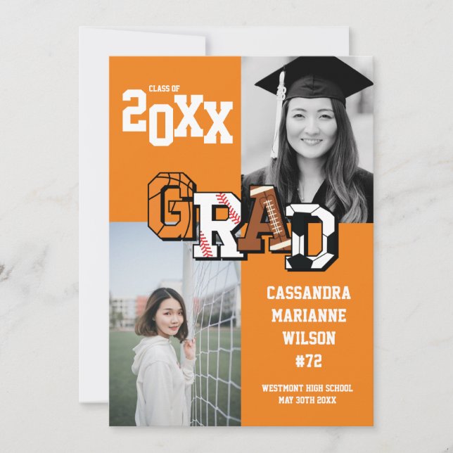 Invitación Naranja de fútbol de graduación deportiva de balon (Anverso)