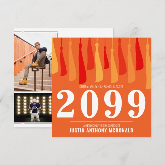 Invitación Naranja de Graduación de dos fotos de Tassels (Anverso / Reverso)