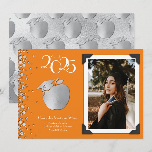 Invitación Naranja de Graduación Plata de Educación Docente (Anverso / Reverso)