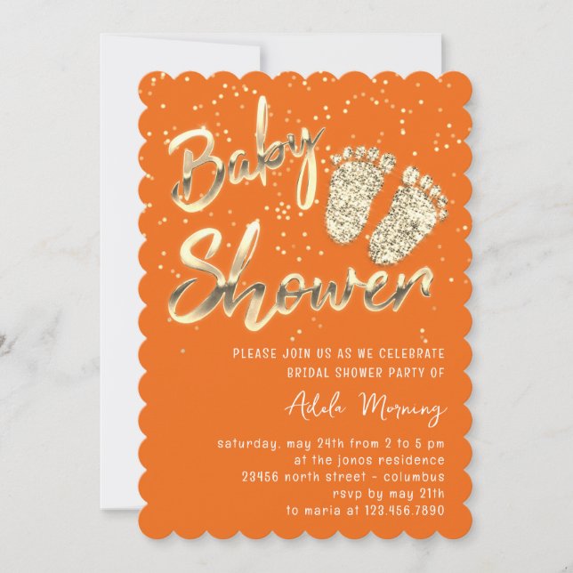 Invitación Naranja de guión Baby Shower de pies de envoltura  (Anverso)