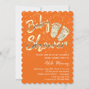 Invitación Naranja de guión Baby Shower de pies de envoltura 
