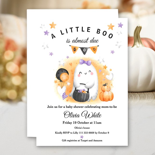 Invitación Naranja de Halloween Chica fantasma pequeño Baby S (Halloween Orange Little Boo Ghost Girl Baby Shower Invitation)