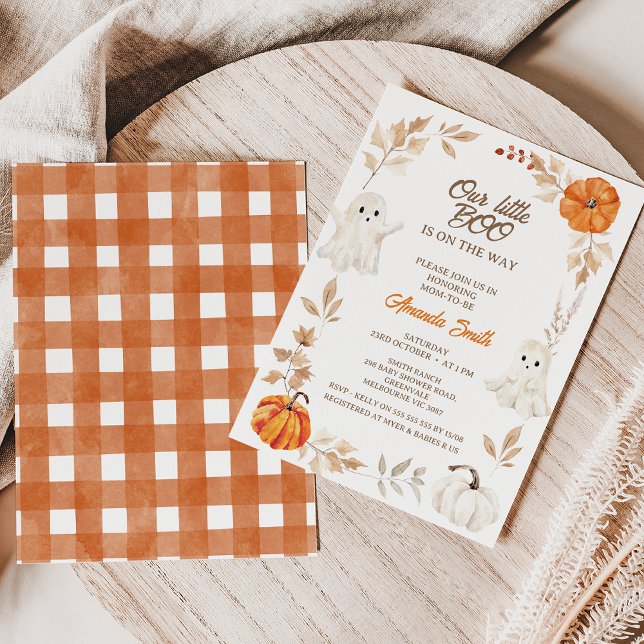 Invitación Naranja de Halloween Nuestro Pequeño Boo Baby Show (Our Little Boo Baby Shower Invitation, Ghost Halloween Baby Shower Invitation, Orange Pumpkins)