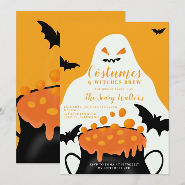 Invitación Naranja de Halloween poción fantasmas fiesta de di (Anverso / Reverso)