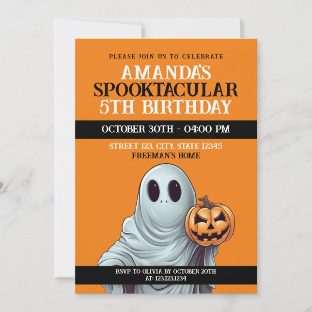 Invitación Naranja de Halloween y cumpleaños de la calabaza b (Anverso)