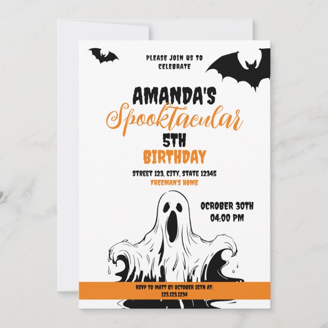 Invitación Naranja de Halloween y fantasma de miedo blanco (Anverso)