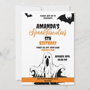 Invitación Naranja de Halloween y fantasma de miedo blanco
