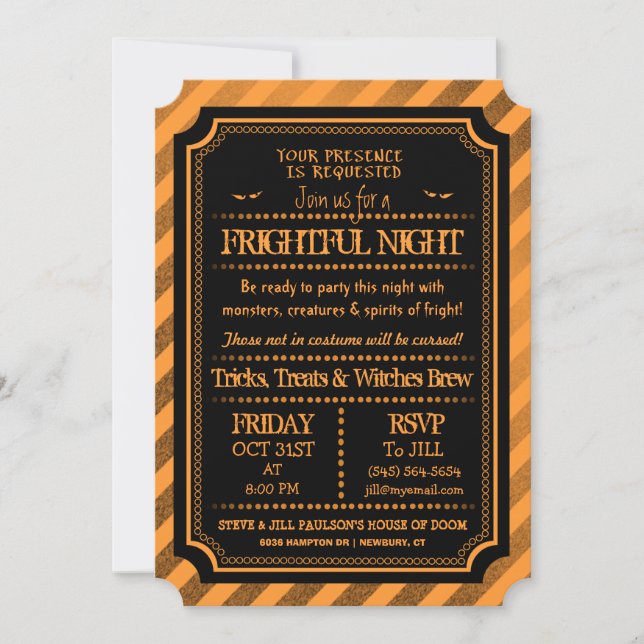 Invitación Naranja de Halloween y noche espantosa (Anverso)