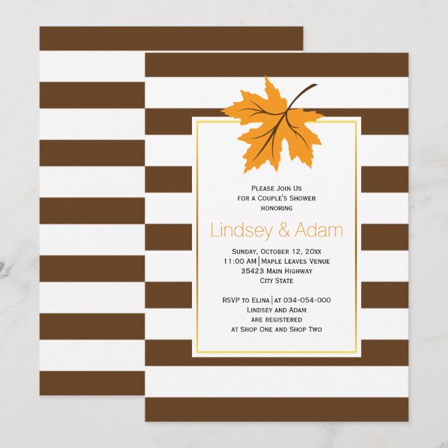 Invitación Naranja de hojas de arce y rayas parejas bodas duc (Anverso / Reverso)