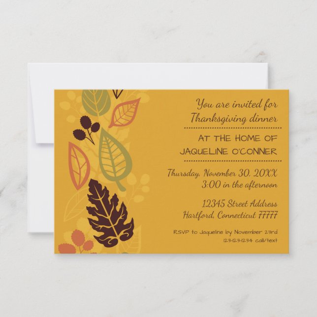 Invitación Naranja de hojas formales-3x5Invitación a la cena  (Anverso)