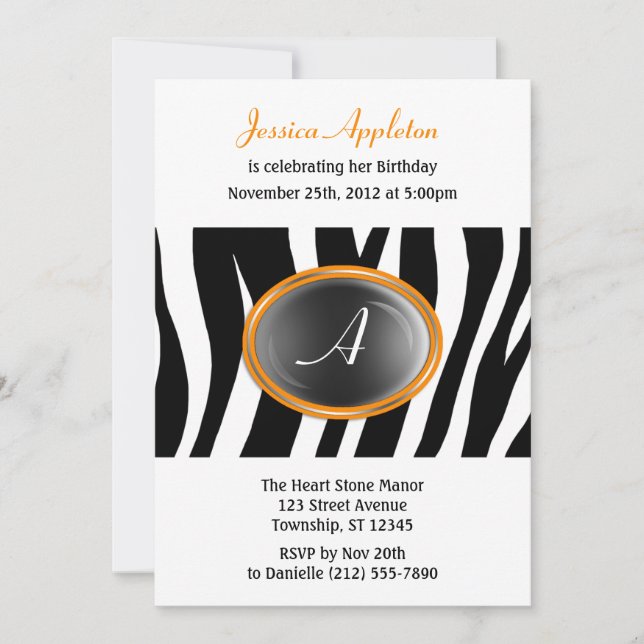 Invitación Naranja de impresión de cebra Monograma de vidrio (Anverso)