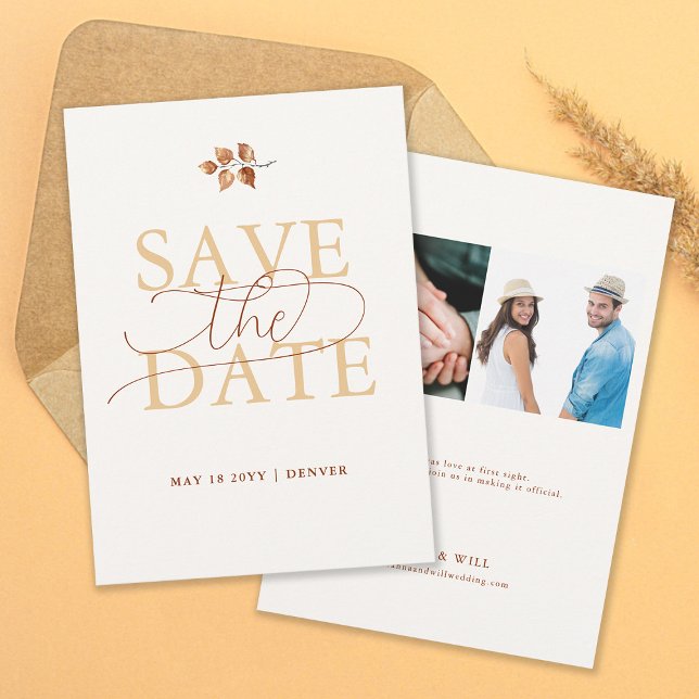 Invitación Naranja de la boda otoño salva la fecha (Autumn Leaves Fall Wedding Save the Date Two Photos Elegant Modern Calligraphy Terracotta)