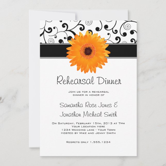 Invitación Naranja de la cena de ensayo Gerbera Daisy Black S (Anverso)