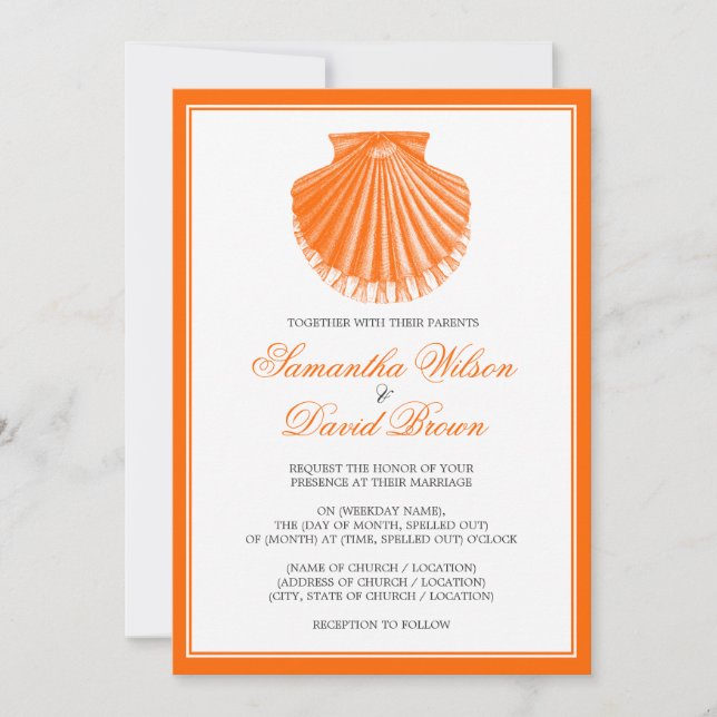 Invitación Naranja de la concha de vieiras de bodas de playa (Anverso)