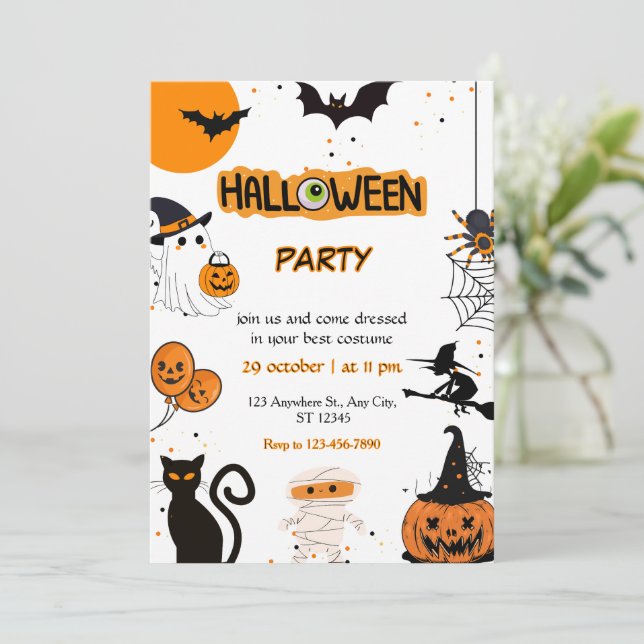 Invitación Naranja de la fiesta de Halloween y negro (Anverso de pie)