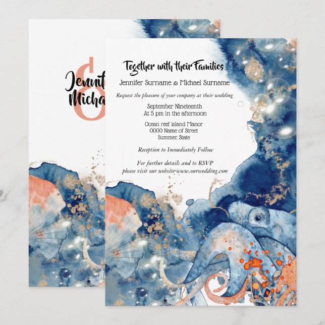 Invitación Naranja de la marina del océano Octopus boda en la (Anverso / Reverso)